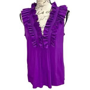BCBGMaxAzria Women's Purple Ruffle Pleated Yoke Collar Sleeveless Blouse - Small